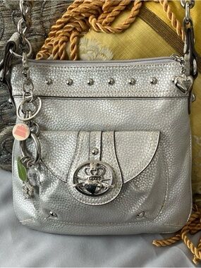 Kathy Van Zeeland Metallic Silver Shoulder Bag w/charm EUC